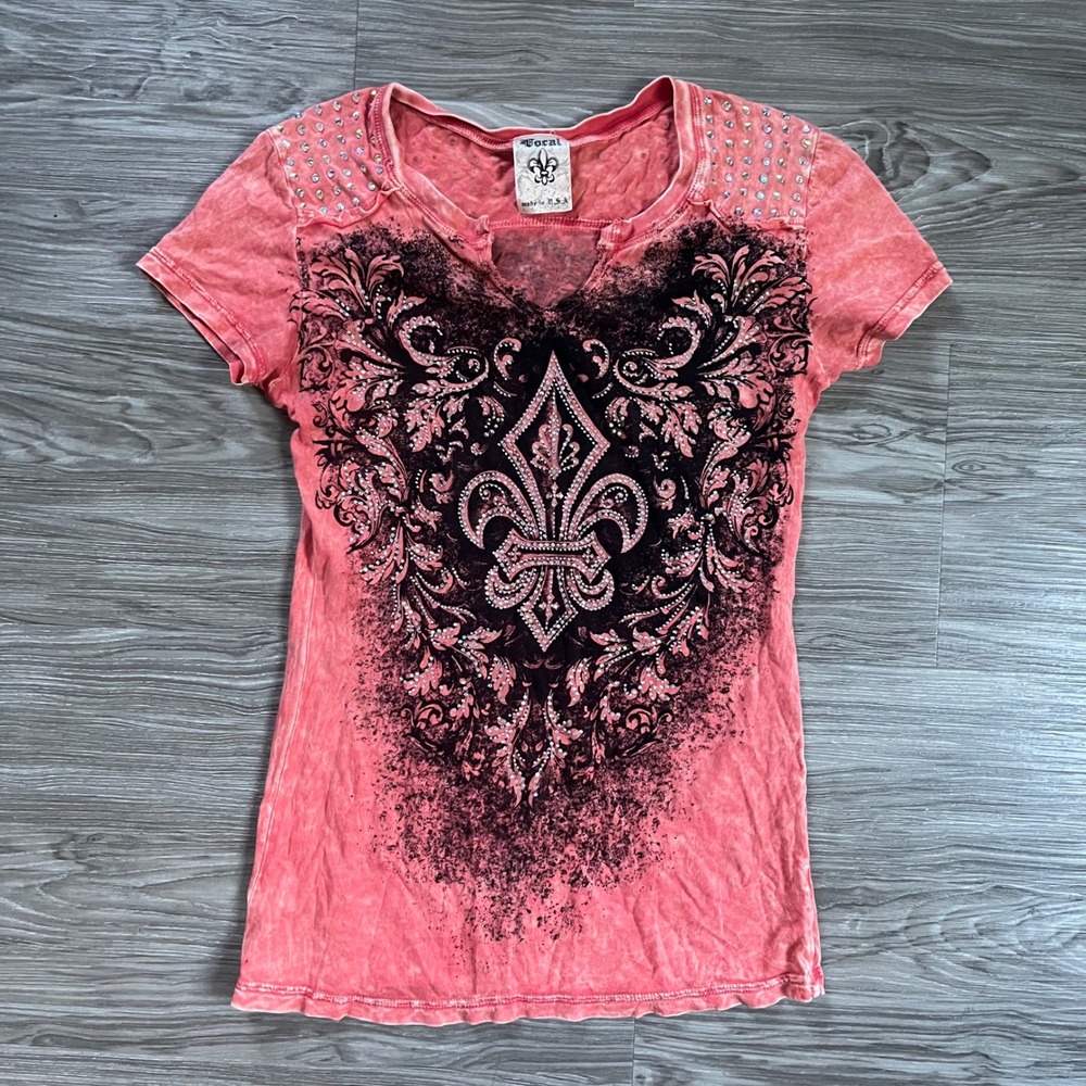 Vocal Fleur De Lis Rhinestone Studded Acid Wash Top Coral Pink Small 9143S